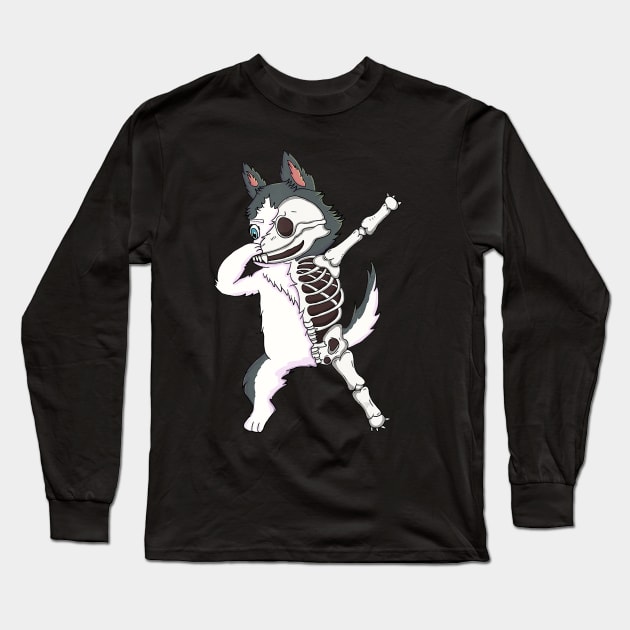 Dabbing Siberian Husky Skeleton Halloween Long Sleeve T-Shirt by JaydeMargulies